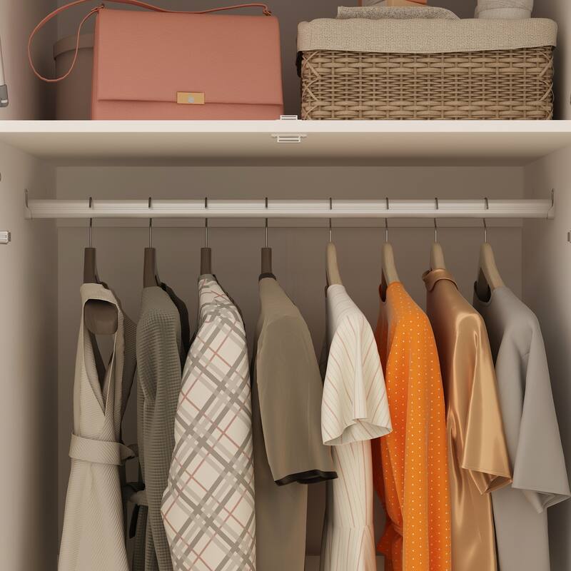 White Entryway Cabinet with Hooks and Hanging Rod - Sleek Design