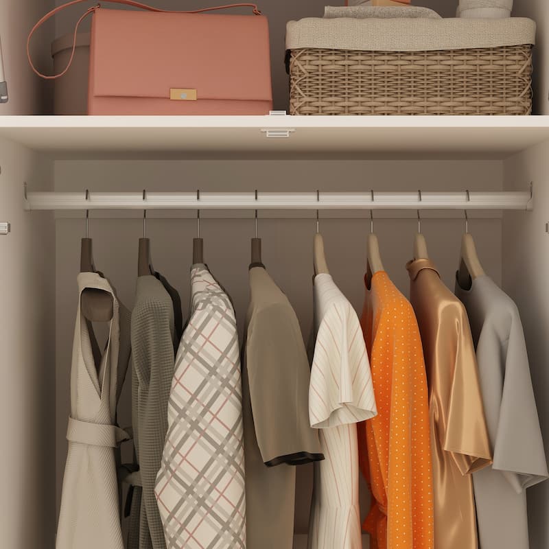 White Modern Entryway Storage Cabinet with Hooks and Hanging Rod