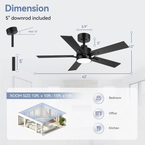 dimension image slide 2 of 15, 42/48/52/56/62-IN LED Ceiling Fan with Light Kit and Remote(5/7-Blade)