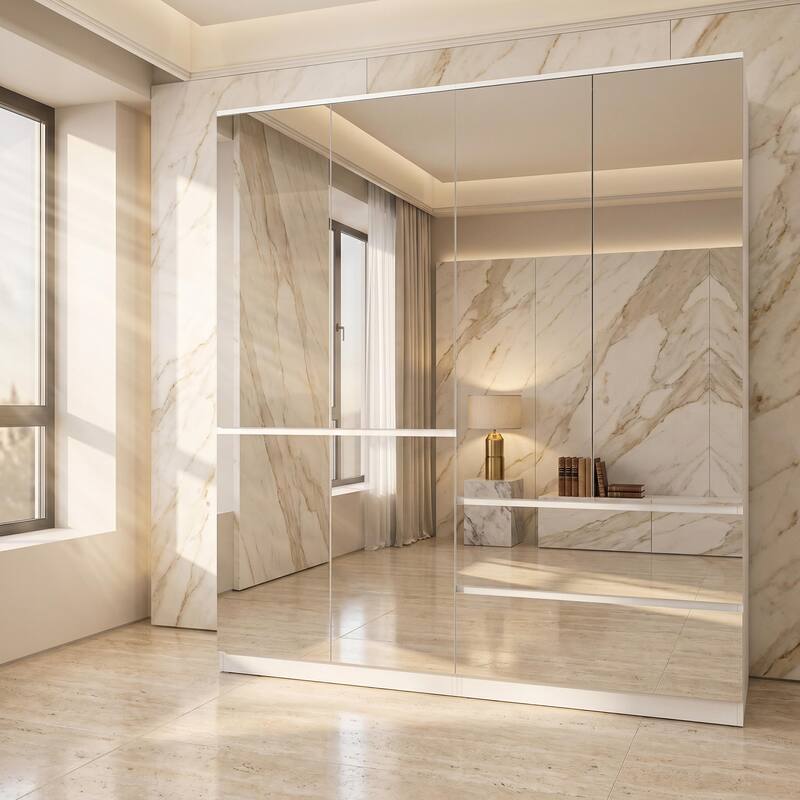 Modern Mirrored Wardrobe Armoire with Hanging Rod White Bedroom Storage Cabinet, Freestanding Closet Organizer