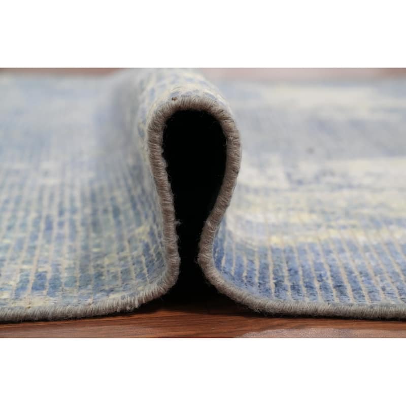 Hand Knotted Oriental Viscose Silk Carpet Modern All-Over Navy Blue & Blues Abstract Area Rug - 7' 8'' X 5' 6''
