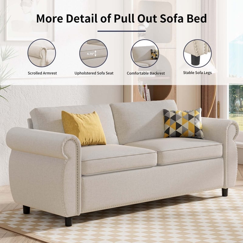 Mixoy Full/Queen Size Pull Out 2 in 1 Sleeper Sofa Bed with Mattress,Convertible Upholstered Loveseat with Nailhead