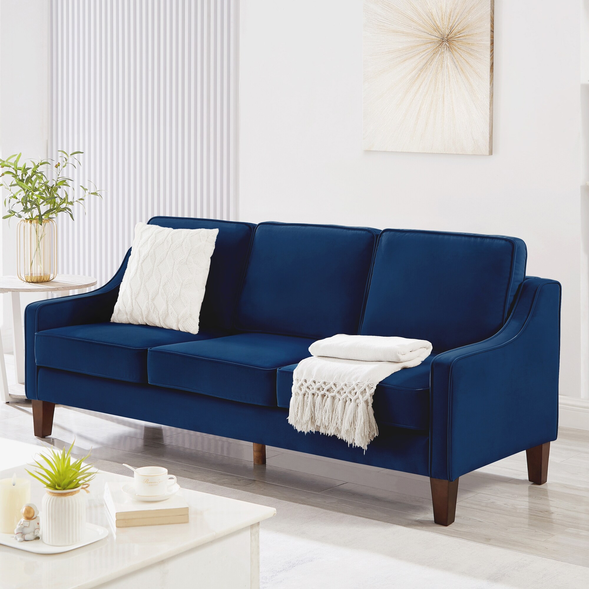 Navy Velvet Sofa Couch Scooped Armrest Straight Row Sofa with Removable Cushions and Wood Legs for Living Room 3 seat Sofa On Sale Bed Bath Beyond 39721492