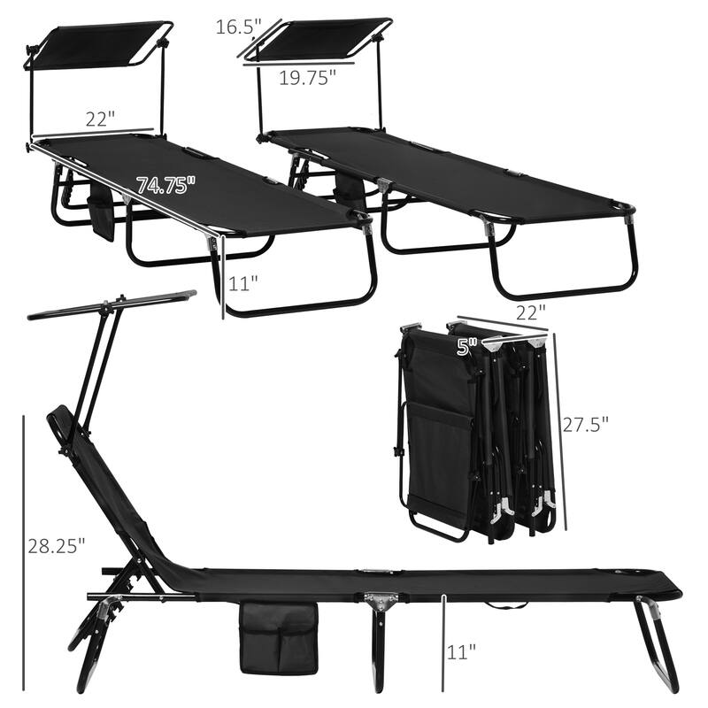 Outdoor Folding Chaise Lounge Pool Chairs with Canopy Shade, Reclining Back, Steel Frame and Side Pocket for Beach, Yard, Patio
