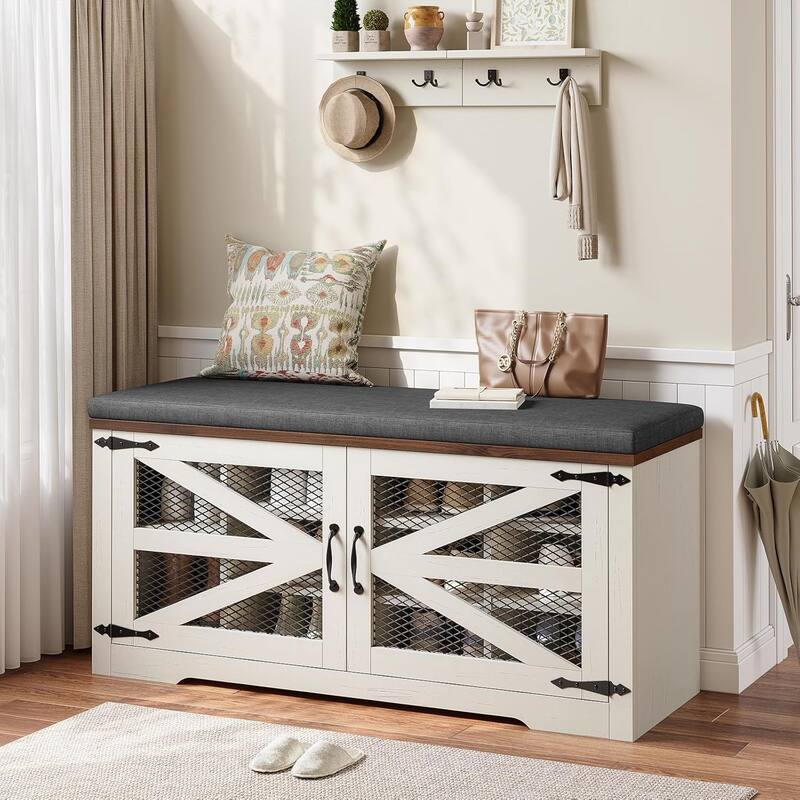 Storage Bench with Cushion Adjustable Shelf Shoe Rack Cabinet