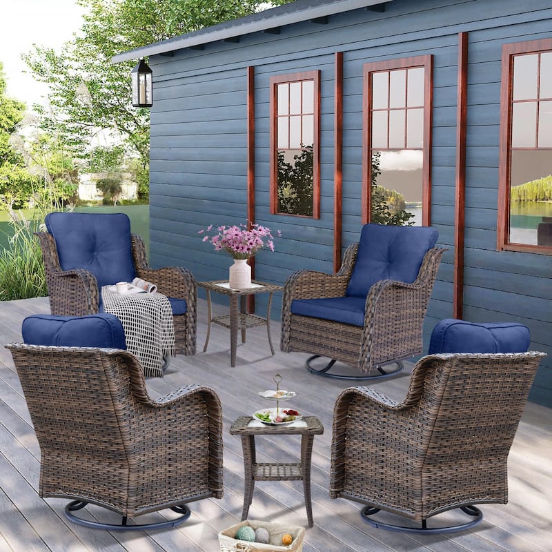 6 Piece Outdoor High Back Wicker Patio Conversation Swivel Chairs Sets