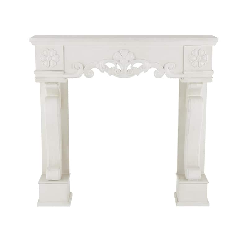 White Wooden Freestanding Scroll Decorative Fireplace Mantle with Floral Accents - 10"W x 45"L x 42"H