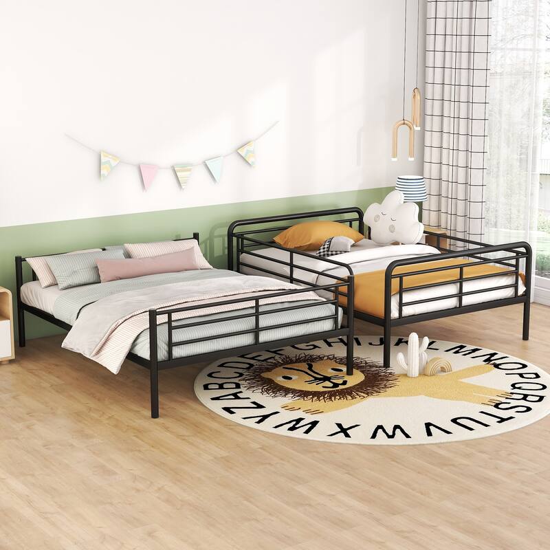 Modern Iron Bunk Bed, Full XL Over Queen, Black, Space-Saving Design