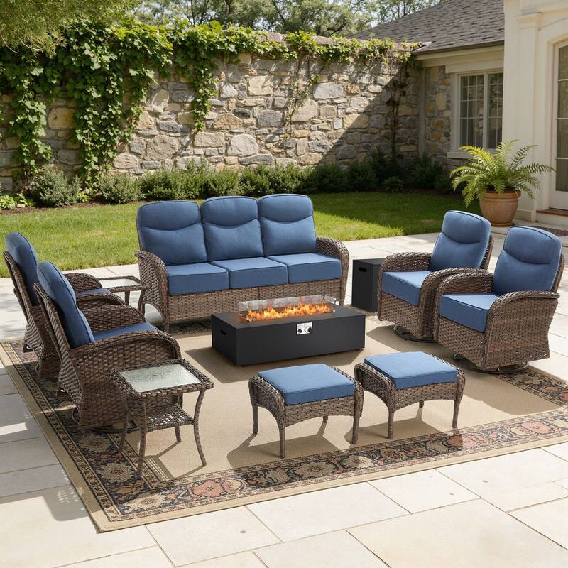 Luna 10-Piece Wicker Outdoor Patio Fire Pit Sofa Set with 6-Inch Thick Cushions - Navy Blue Cushions - Brown Wicker