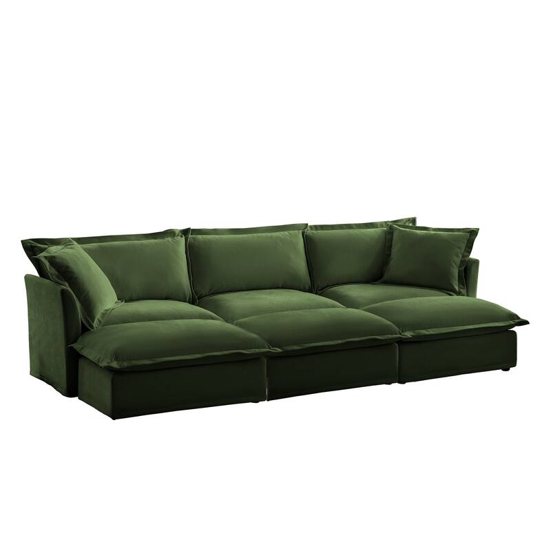 120" Chenille 3-Seater Sofa Set with 3 Ottomans, Sleeper Function & Removable Slipcovers