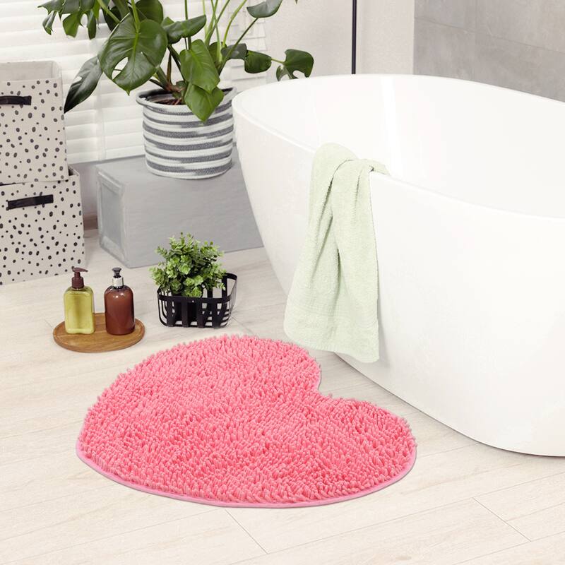 Heart Shaped Chenille Bath Rugs Soft Absorbent Shaggy Bath Mats Non-Slip Plush Bath Carpet for Shower, Bedroom, Bathtub