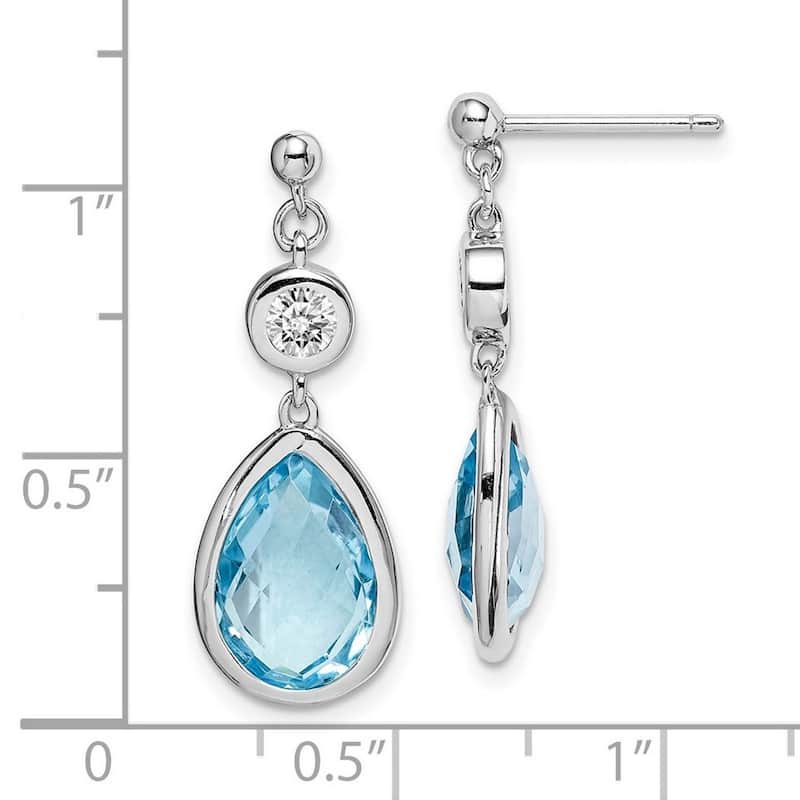 Curata 925 Sterling Silver Rhodium Plated White and Blue Topaz Post Long Drop Dangle Earrings - 28x10.5mm Wide