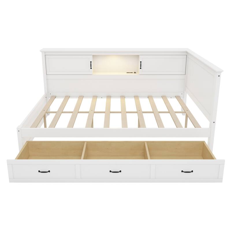 Twin/Full Size Wooden L-Shaped Corner Captain Bed Frame with Drawers