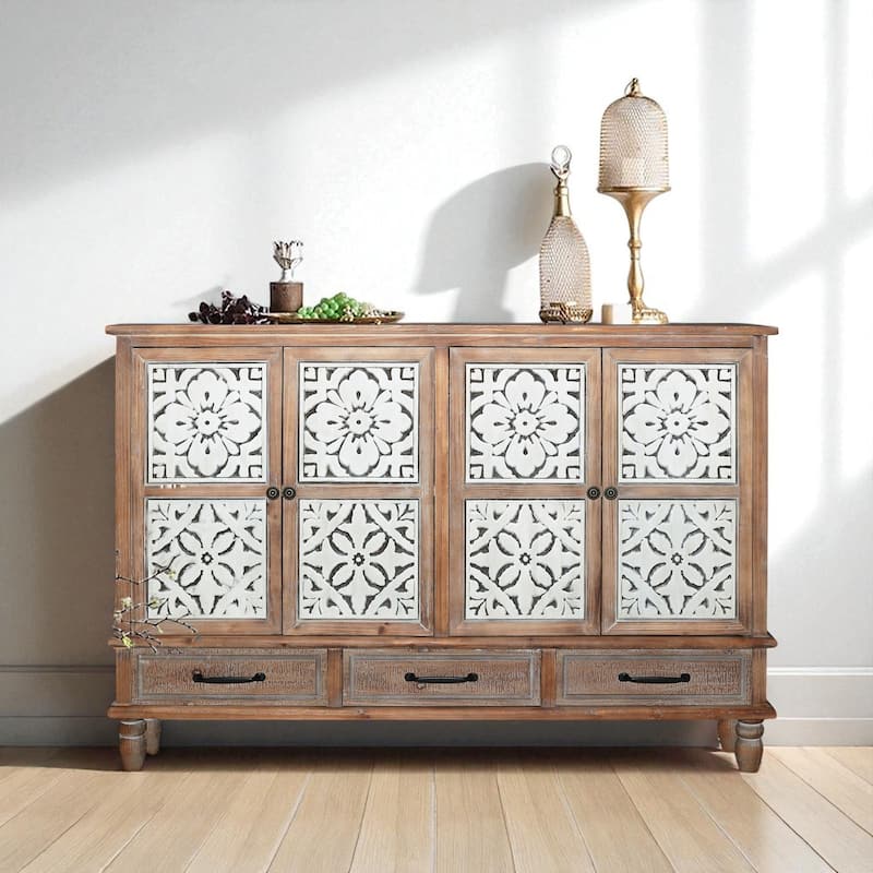 59" Natural Wood Sideboard Buffet Cabinet with 4 Doors, 3 Drawers, Adjustable Shelves and Distressed Finish - Natural