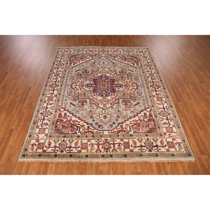 Geometric Traditional Heriz Serapi Indian Rug Handmade Wool Carpet - 7'11" x 9'10"