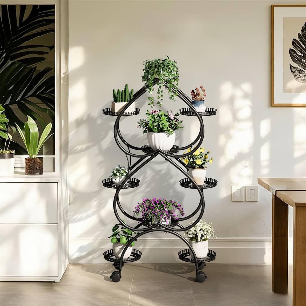 Large Double-heart Black Metal Plant Stand 9-Potted Flower Holder with Mobile Wheels Display Rack - 28.74x11.81x48.82 in