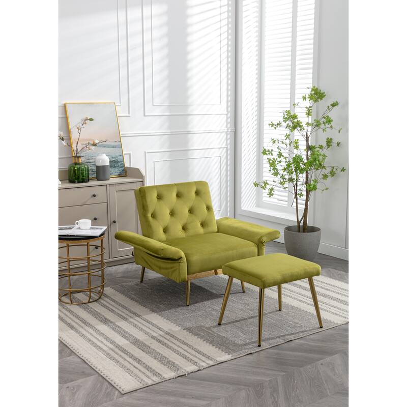 Velvet Accent Chair with Adjustable Armrests and Backrest, Button Tufted Lounge Chair, Single Recliner Armchair with Ottoman