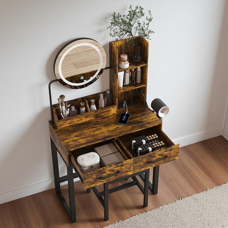 KISRAIS 31.4" Fashion Vanity Desk with Mirror and Lights, Cushioned Stool, Power Station, and Hair dryer bracket
