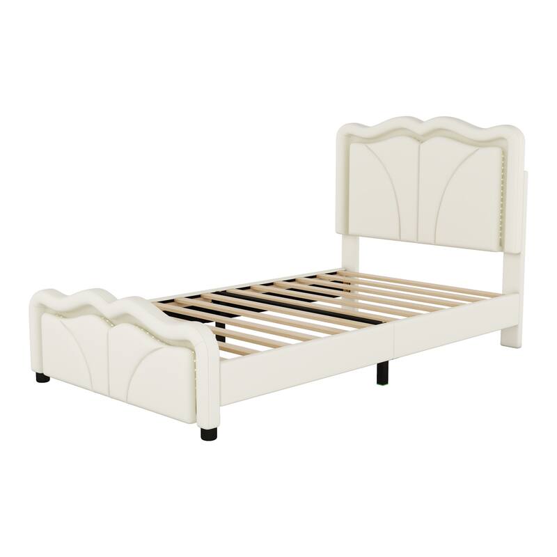 Modern Kids Twin/Full Platform Bed with Adjustable Height PU Headboard, LED Lights, and Sturdy Frame