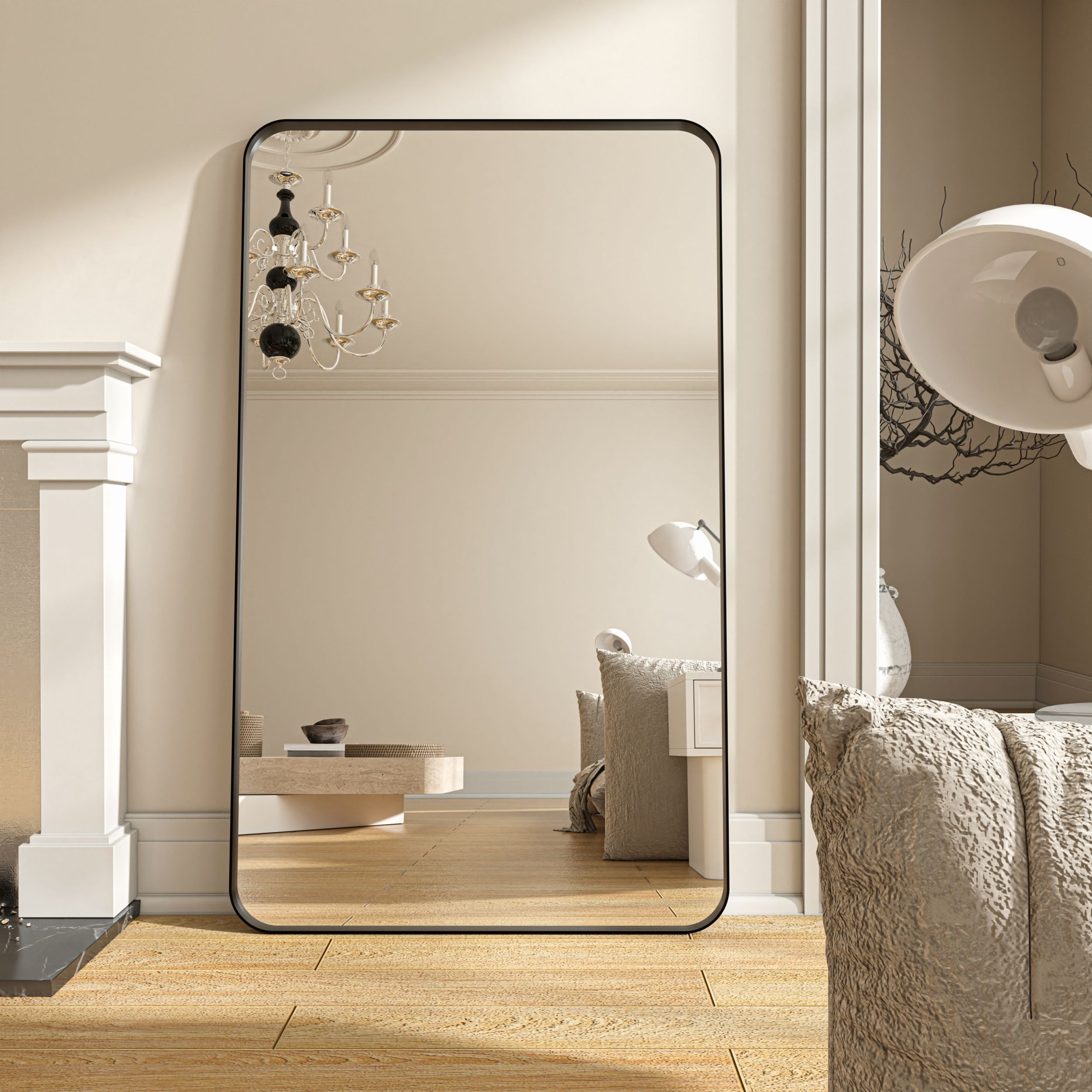 Organnice Rectangular Modern Black Aluminum Framed Rounded Full Length Mirror