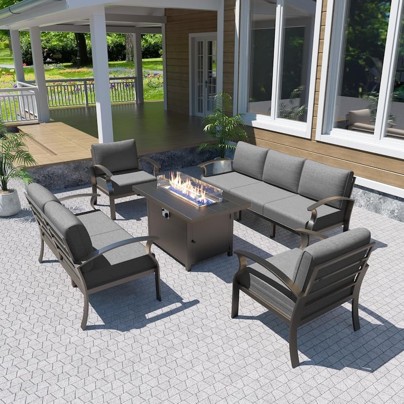 Aluminum Patio Furniture Set with FirePit Ottomans Swivel Chairs,Sectional Sofa with Thick Seat Cushions for Porch Garden