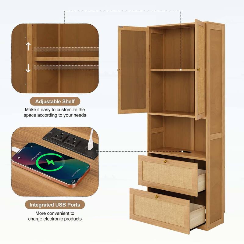 2 Doors Storage Cabinet with USB Port and 3 Drawers,Ideal for Modern Storage and Aesthetic Appeal