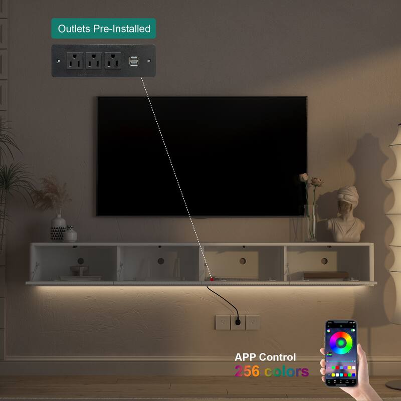 Floating 78" Wall Mounted TV Stand for TVs up to 85", Media Console Table with LED Lights and Power Outlet