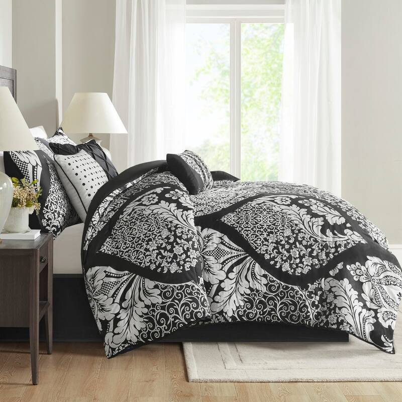 7 Piece Cotton Printed Comforter Set Black Queen