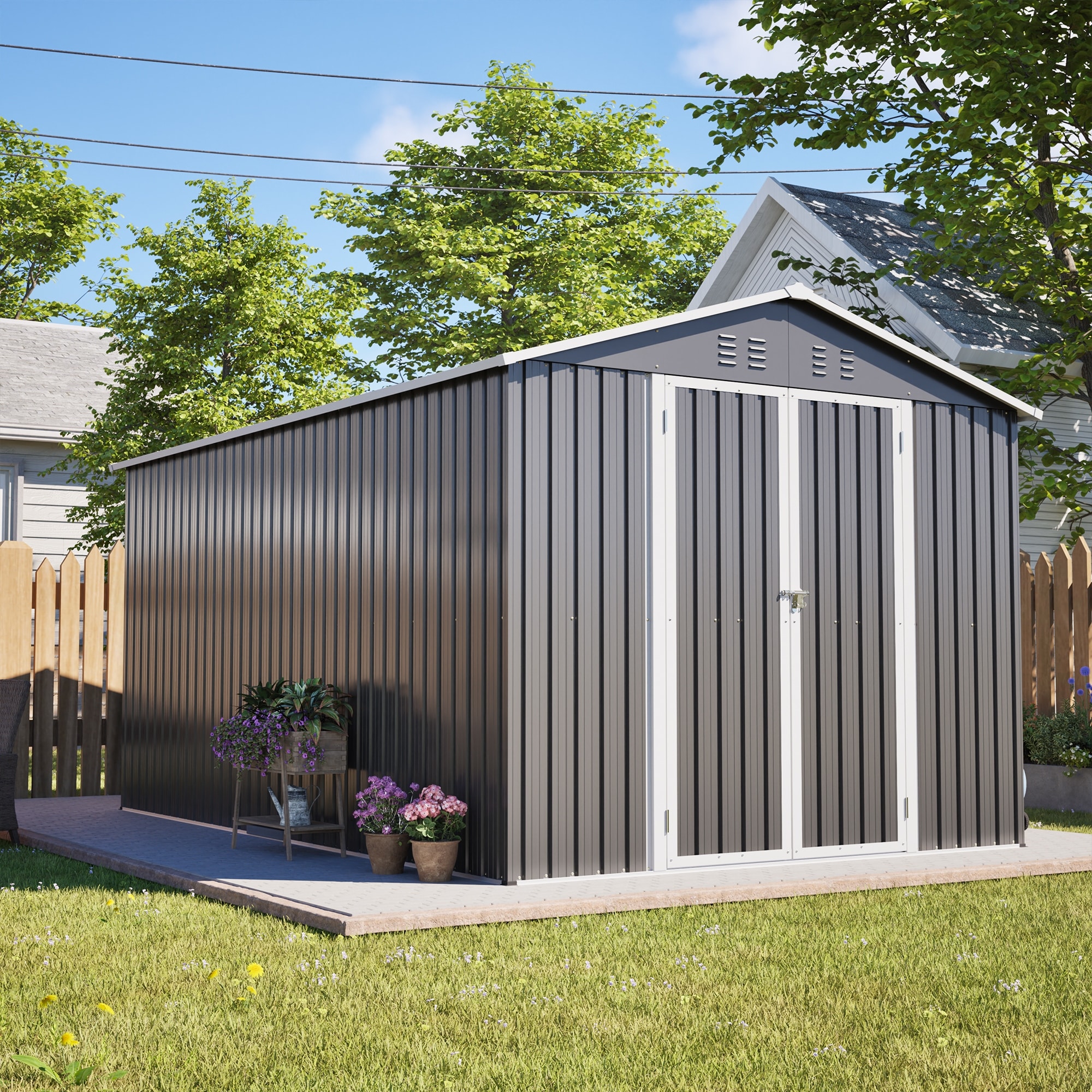 8x12 FT Lockable Secure Metal Shed - Large Outdoor Storage with Aluminum Frame, Durable Garden Tool Shed, Grey