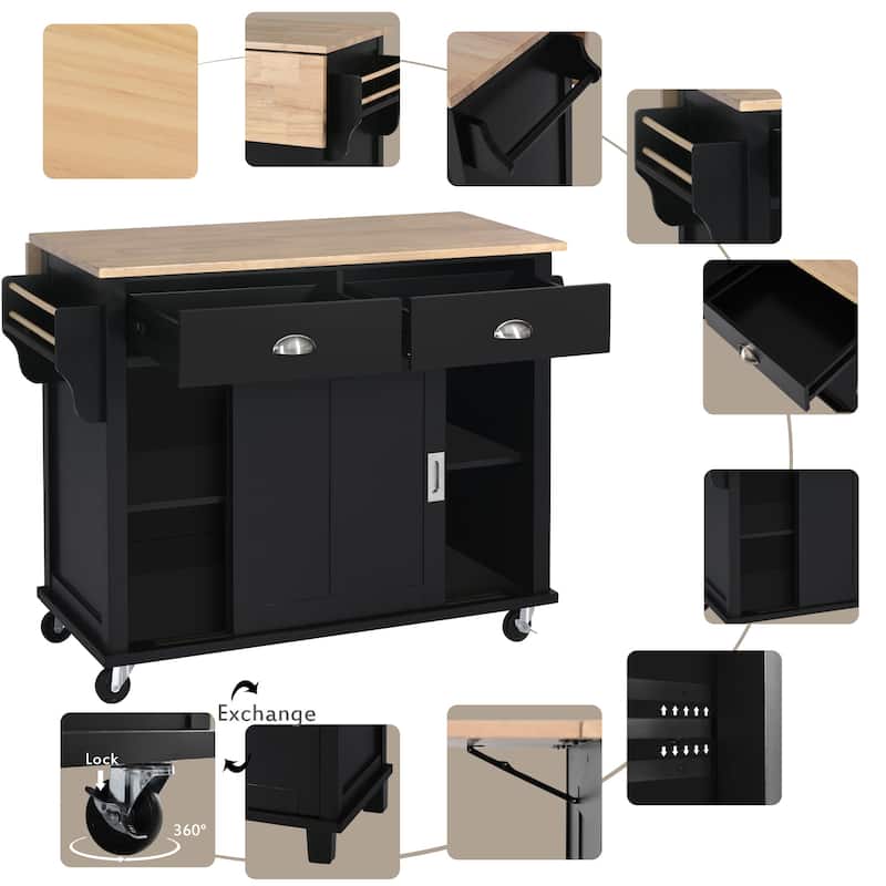 Rolling Kitchen Cart Drop-Leaf Kitchen lsland with Sliding Barn Door