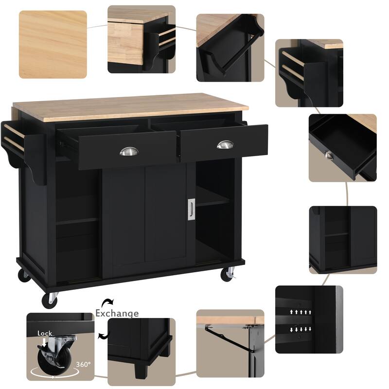 Rolling Kitchen Island with Drop-Leaf Countertop, Adjustable Shelves, 2 Drawers & Sliding Barn Door - Mint Green