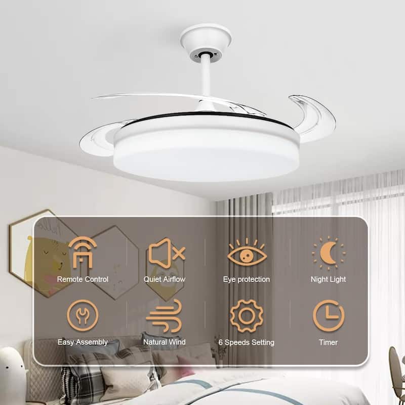 42 Inch LED Lighting Ceiling Fans, Smart Modern Ceiling Fan with Retractable Blades