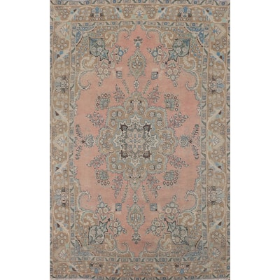 Distressed Pink Tabriz Persian Vintage Area Rug Handmade Wool Carpet - 6'6"x 9'8"
