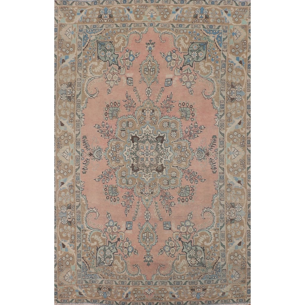 Distressed Pink Tabriz Persian Vintage Area Rug Handmade Wool Carpet - 6'6"x 9'8"