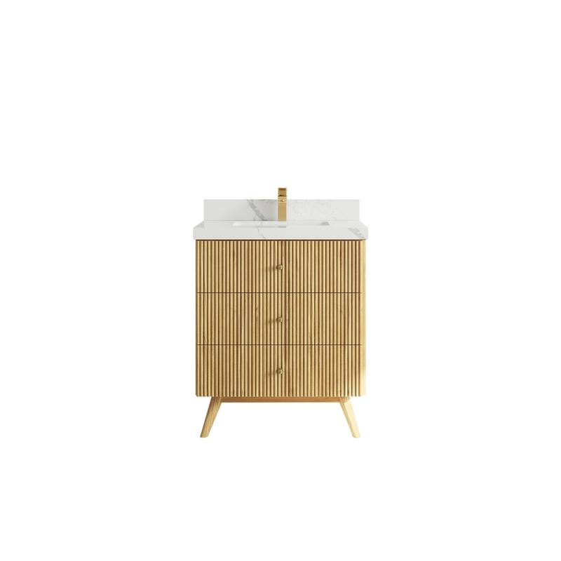 Willow Collections 30 in. W x 22 in. D Pasadena Solid Teak Single Sink Bathroom Vanity with Countertop - 2"Calacatta Laza - Light Natural