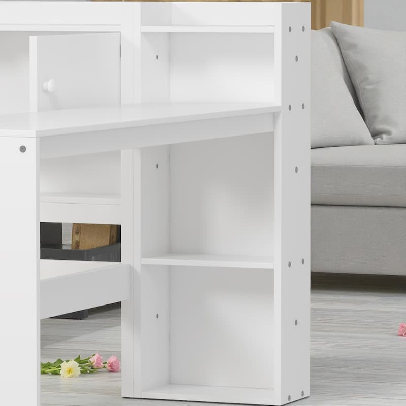 Wooden L-Shaped Daybed with Study Desk, Bookshelf, 7 Storage Cabinets and 2 Drawers, Multi-Functional Space-Saving Bed