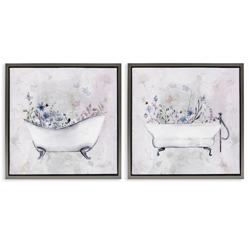 Stupell Antique Tubs with Botanics Framed Floater Canvas Wall Art Design By Stella Chang (Set of 2) - 18 x 18 - Grey