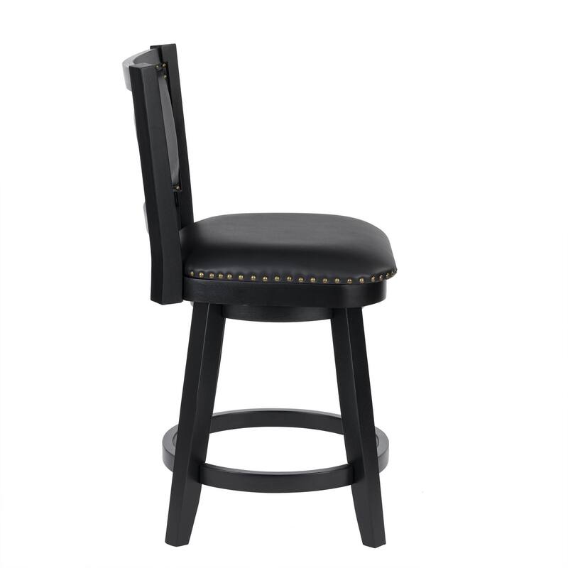 Kera Swivel Counter Height Stool Chair, Black Wood, Nailhead Faux Leather