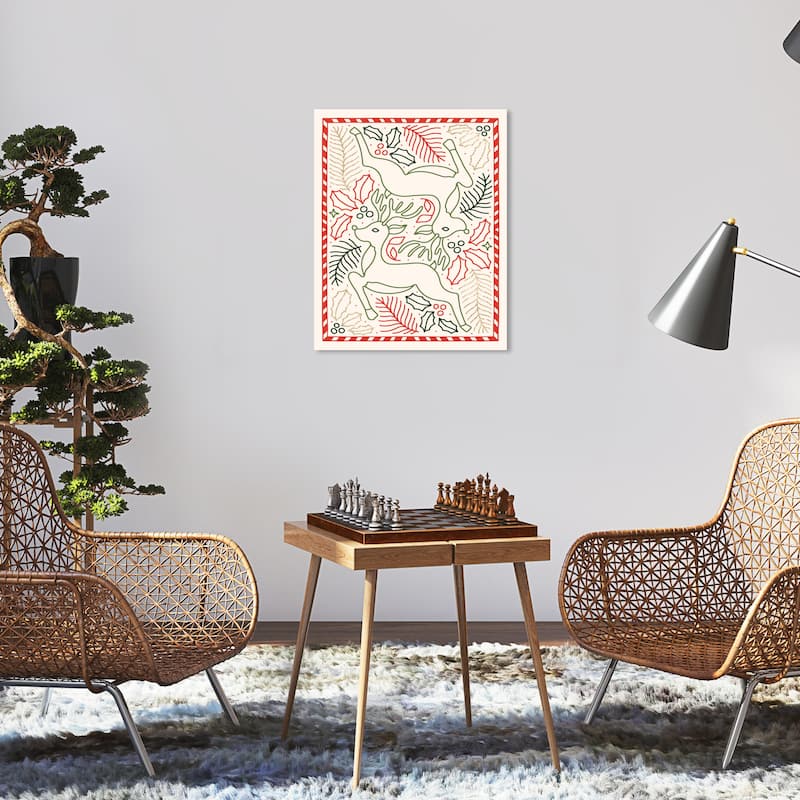 Wynwood Studio Canvas Holiday and Seasonal Couple Reindeer Outline Gold Red Modern & Contemporary Wall Art Canvas Print - 16 x 20
