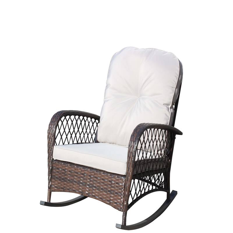 Outdoor Wicker Rocking Chair with Wide Seat, Thick, Soft Cushion, Rattan Rocker w/Steel Frame, High Weight Capacity
