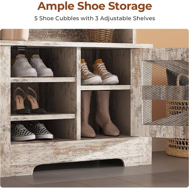 Hall Tree w/ Bench Shoe Storage Shoe Cubby Barn Door Adjustable Shelf