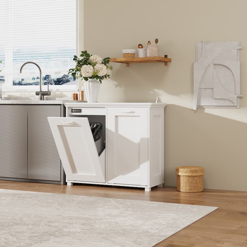 Ozone Deodorizing Trash Bin Cabinet Trash Cabinet, Wooden Kitchen Garbage Bin Storage Cabinet with Hidden Bins, White