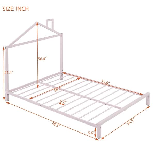 dimension image slide 1 of 6, Metal Platform Bed with House-Shaped Headboard for Kids