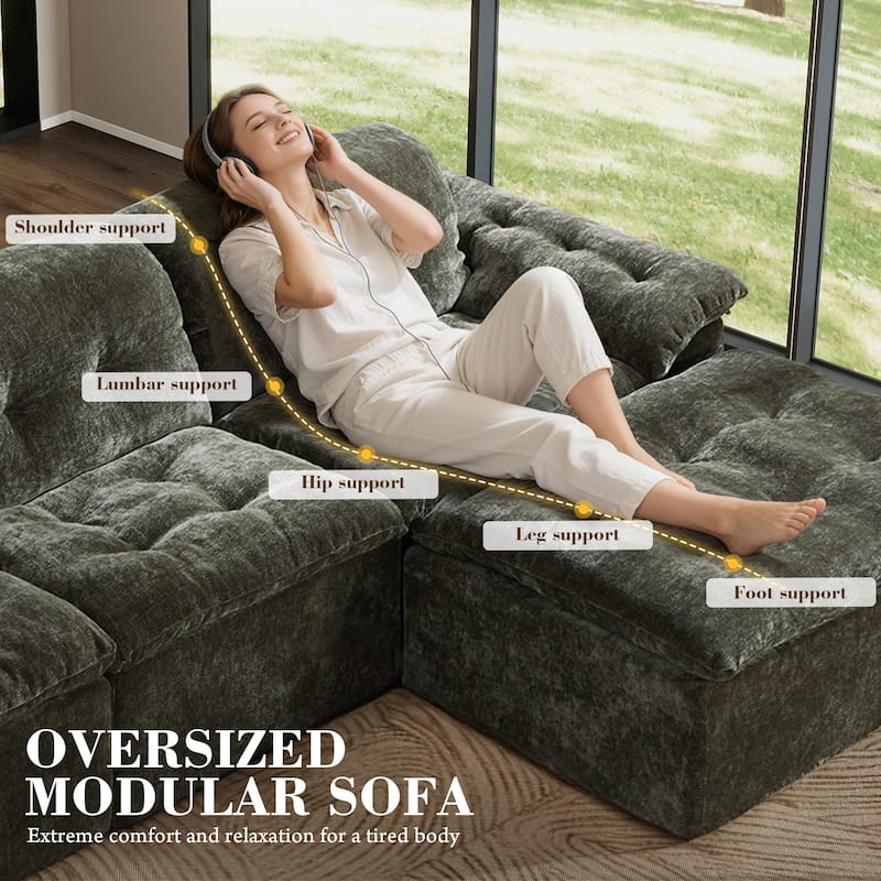 Rossetta L-Shaped Modular Chenille Cushioned Extreme Comfort Sofa with Detachable Backrest and Armrests, 1 Removable Ottoman