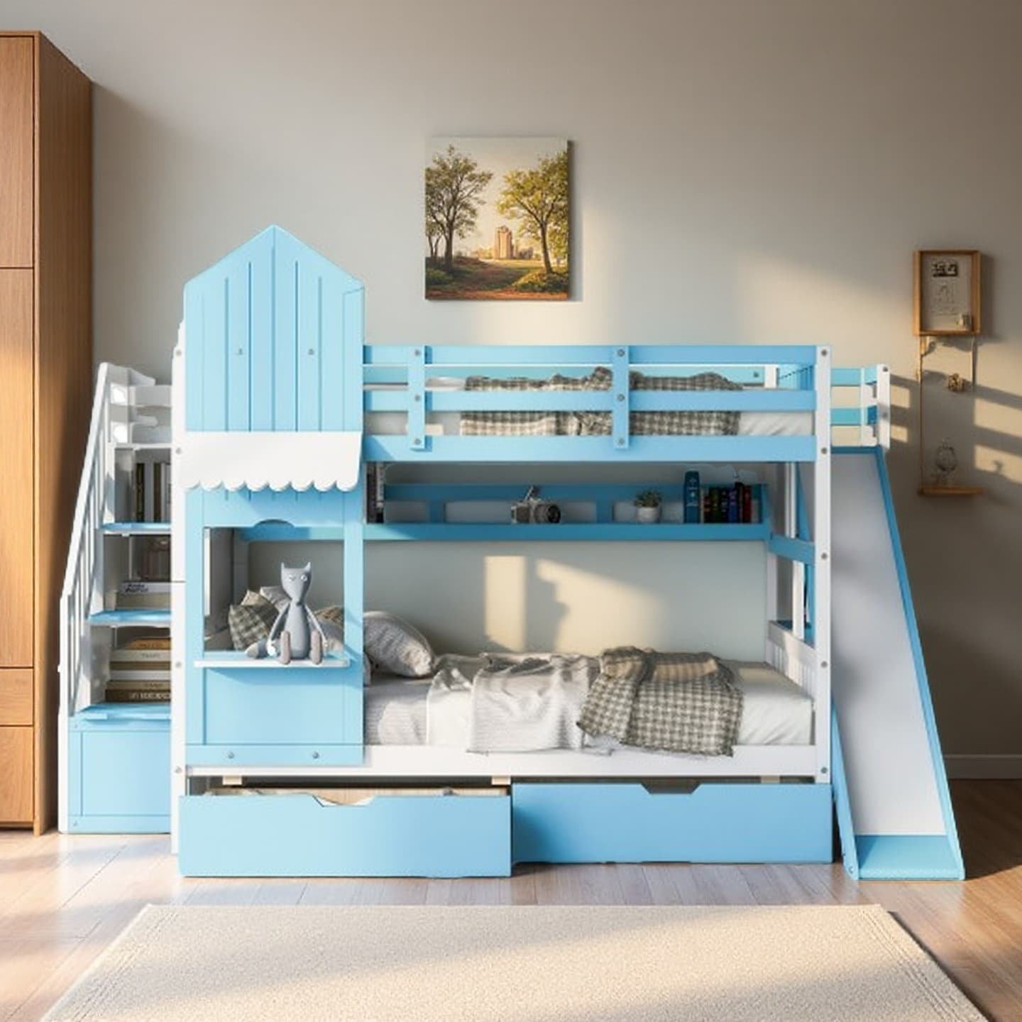 Full Size Playhouse Bunk Bed Frame with Slide, Dual Full Beds, Built-In Drawers and Display Shelves, Castle-Inspired Bunk Bed