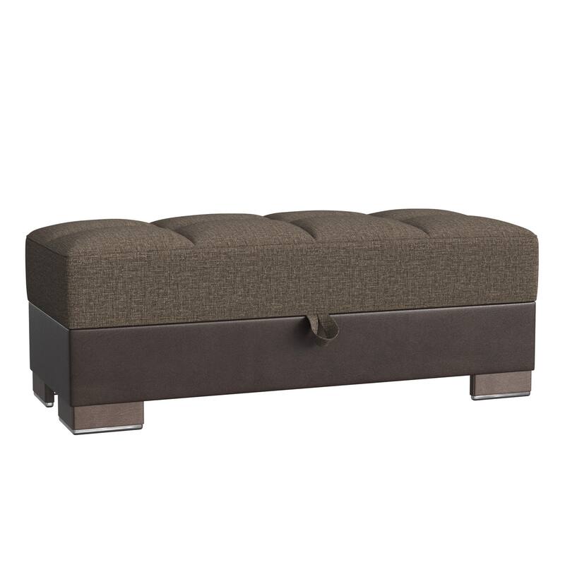 HomeRoots 50" Brown and Black Upholstered Fabric And Faux Leather Tufted Storage Ottoman