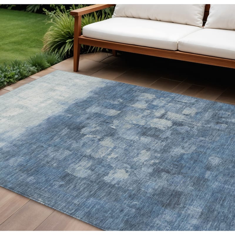 HomeRoots Abstract Transitional Rectangle Outdoor Rug - 10' X 14' - Blue/Silver - 10' X 14'