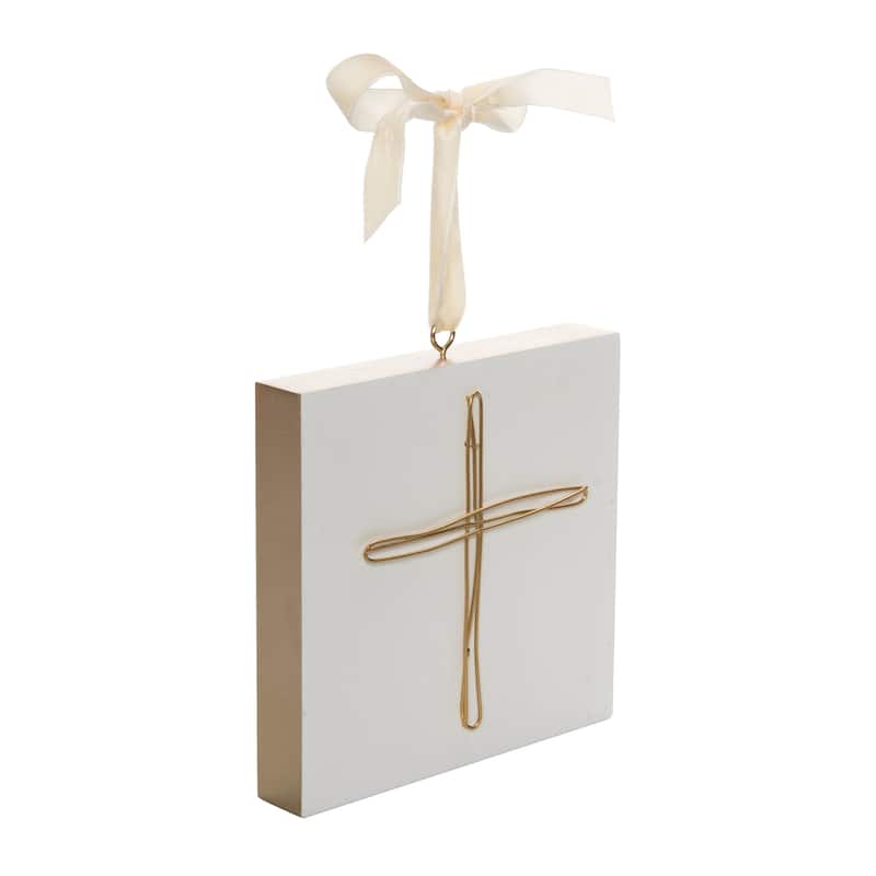 Transpac Wood 6.5 in. Off-White Christmas Cross Block Ornament
