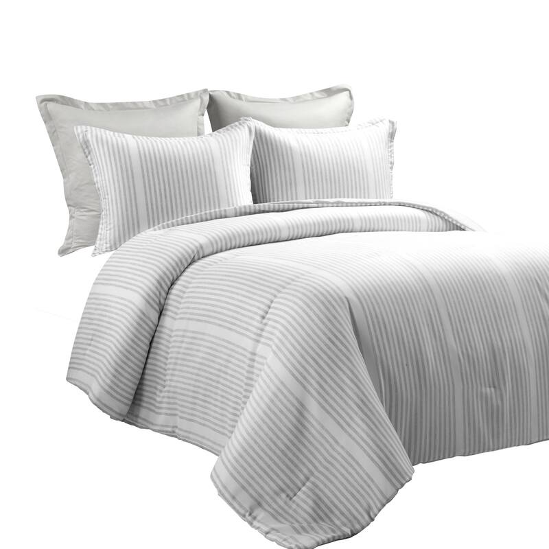 Lush Decor Farmhouse Drew Stripe Silver-Infused Antimicrobial 5 Piece Comforter Set - Gray - Full - Queen
