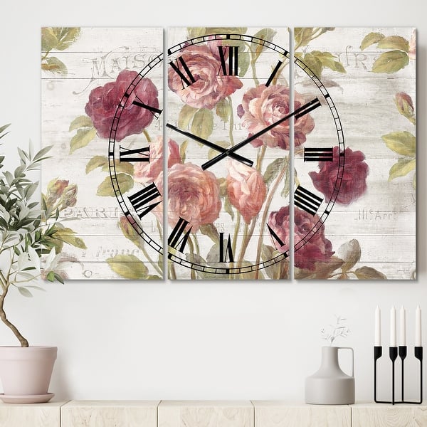 slide 2 of 6, Designart 'French Roses I' Cottage 3 Panels Oversized Wall CLock - 36 in. wide x 28 in. high - 3 panels